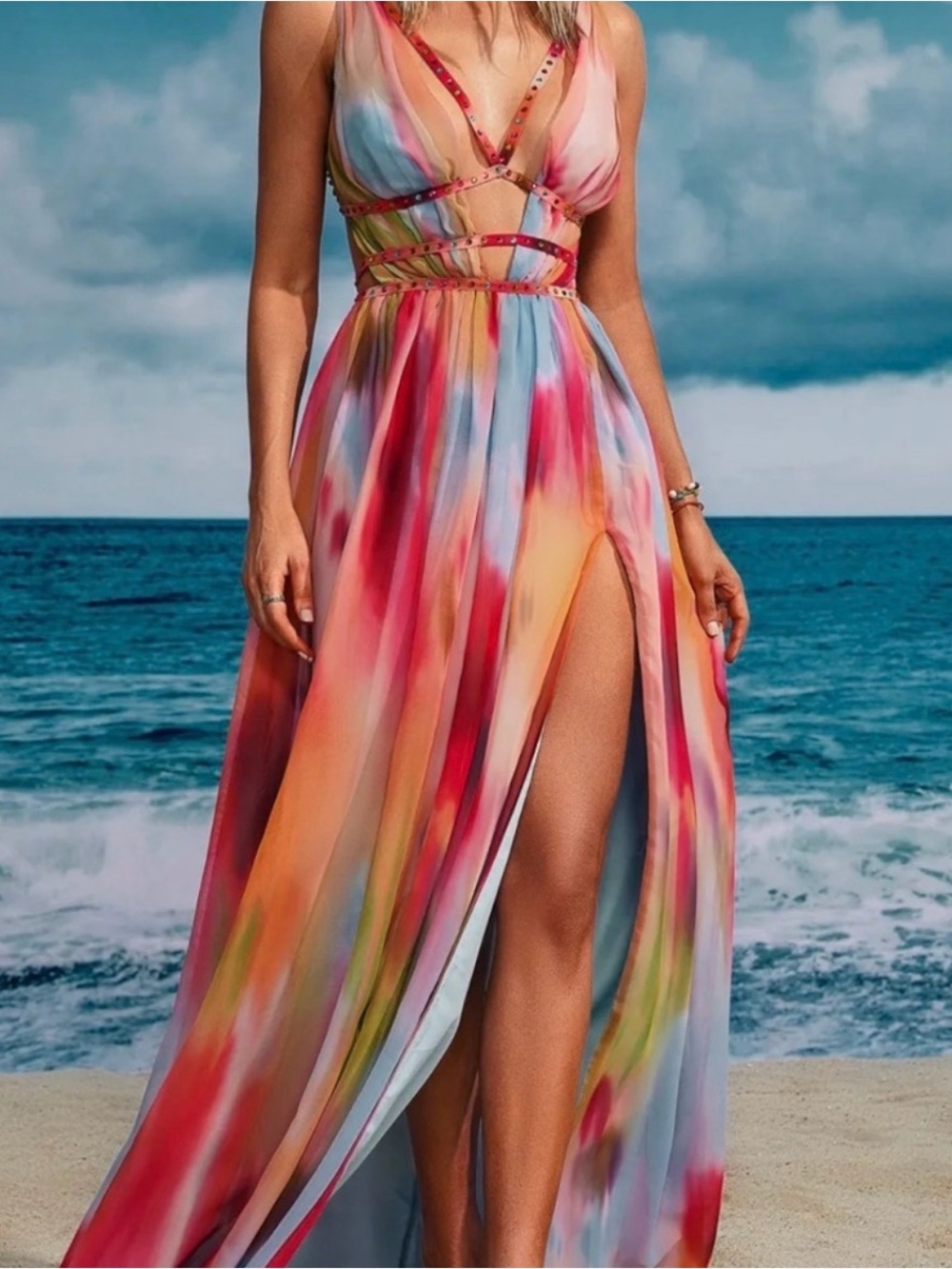 Multi-Color Watercolor High-Slit Maxi Dress